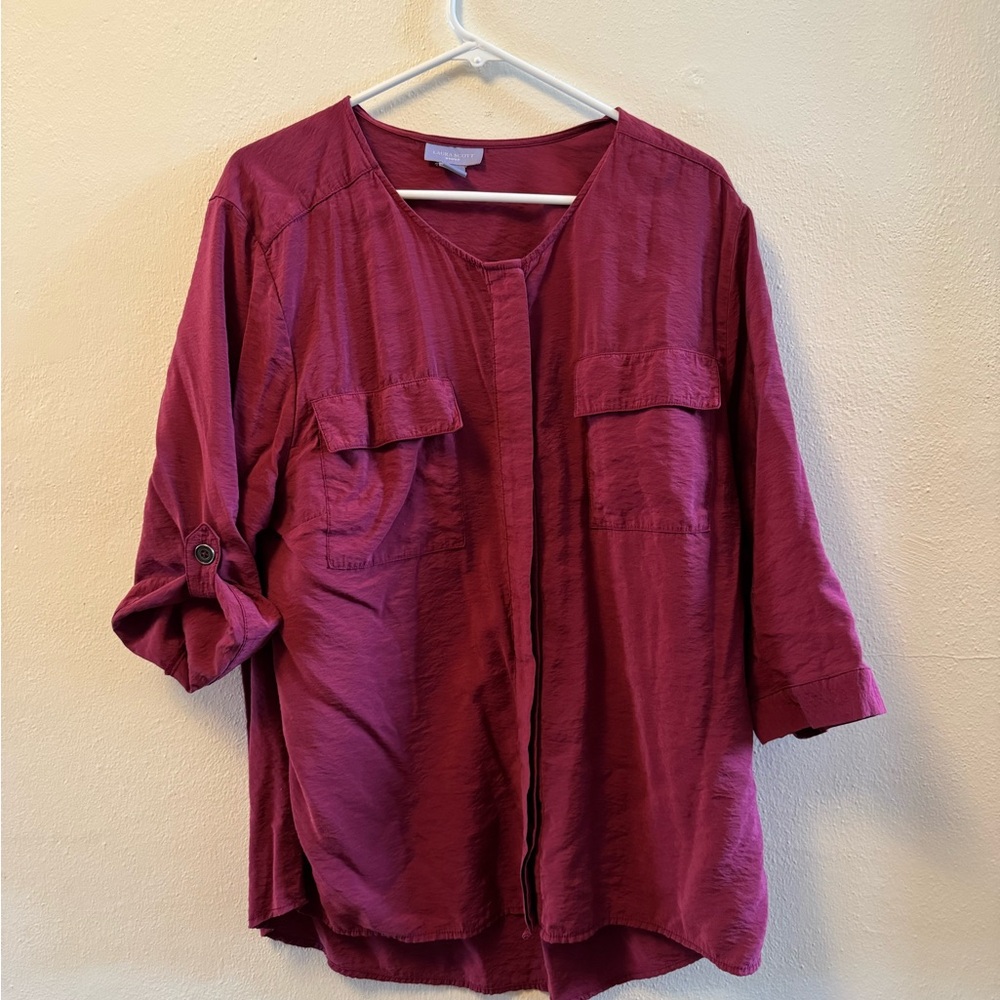 Laura Scott Burgundy Blouse Concealed Placket with Roll up button sleeves 1X